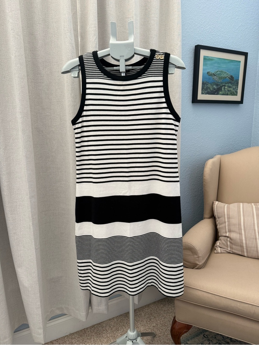 Talbots 100% Cotton Sleeveless Black White Striped Knit Dress Elevated Classic M